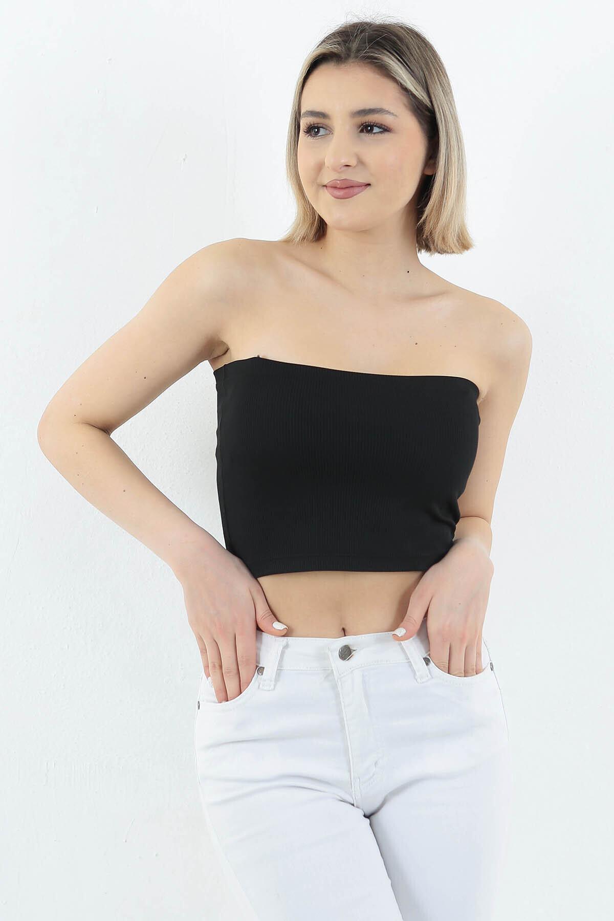 Black Ribbed Strapless Crop Top Fitted