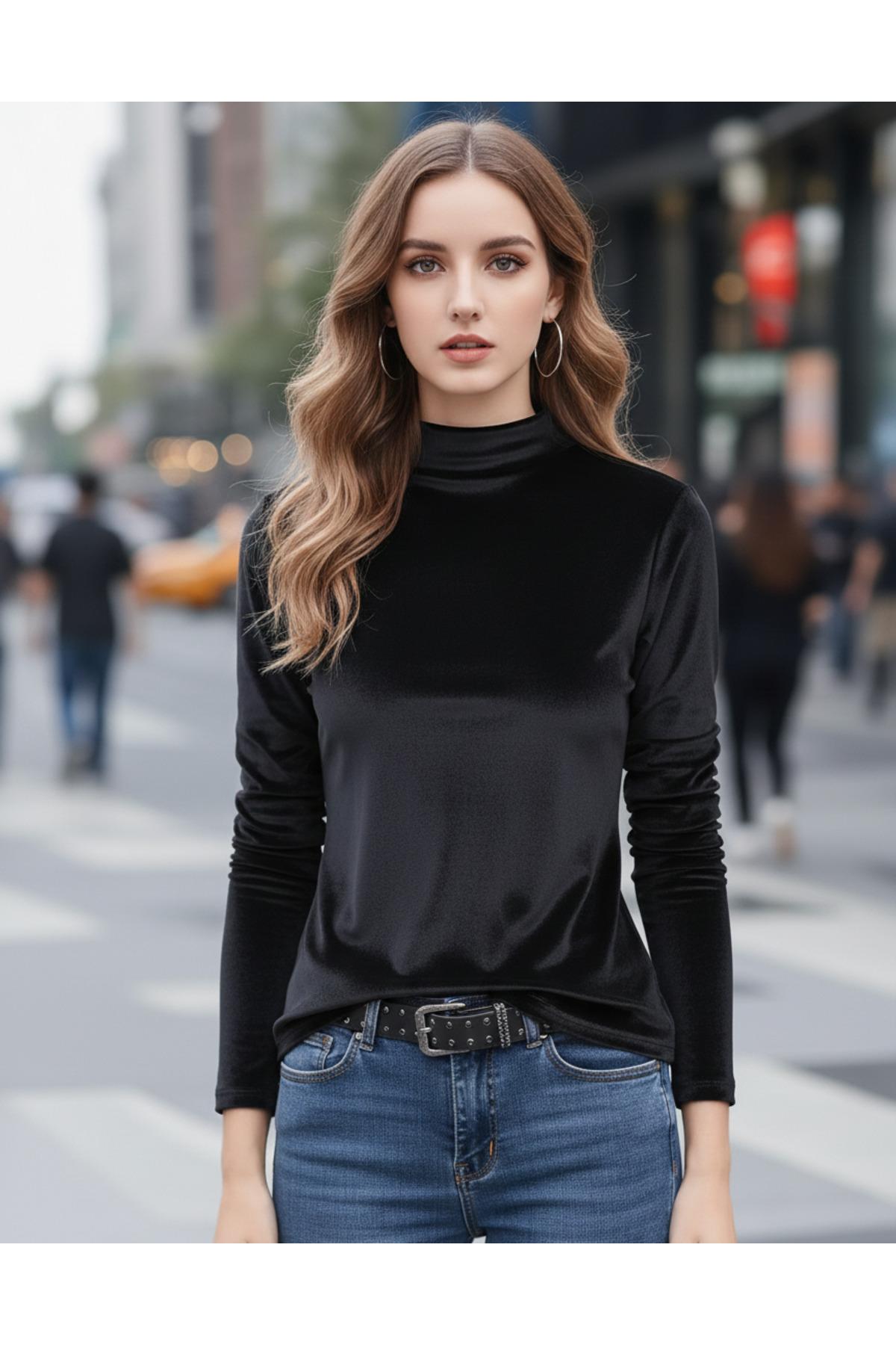 WAYS Siyah Kadife Balıkçı Yakalı Body Slim Fit Trend & Şık Tasarım