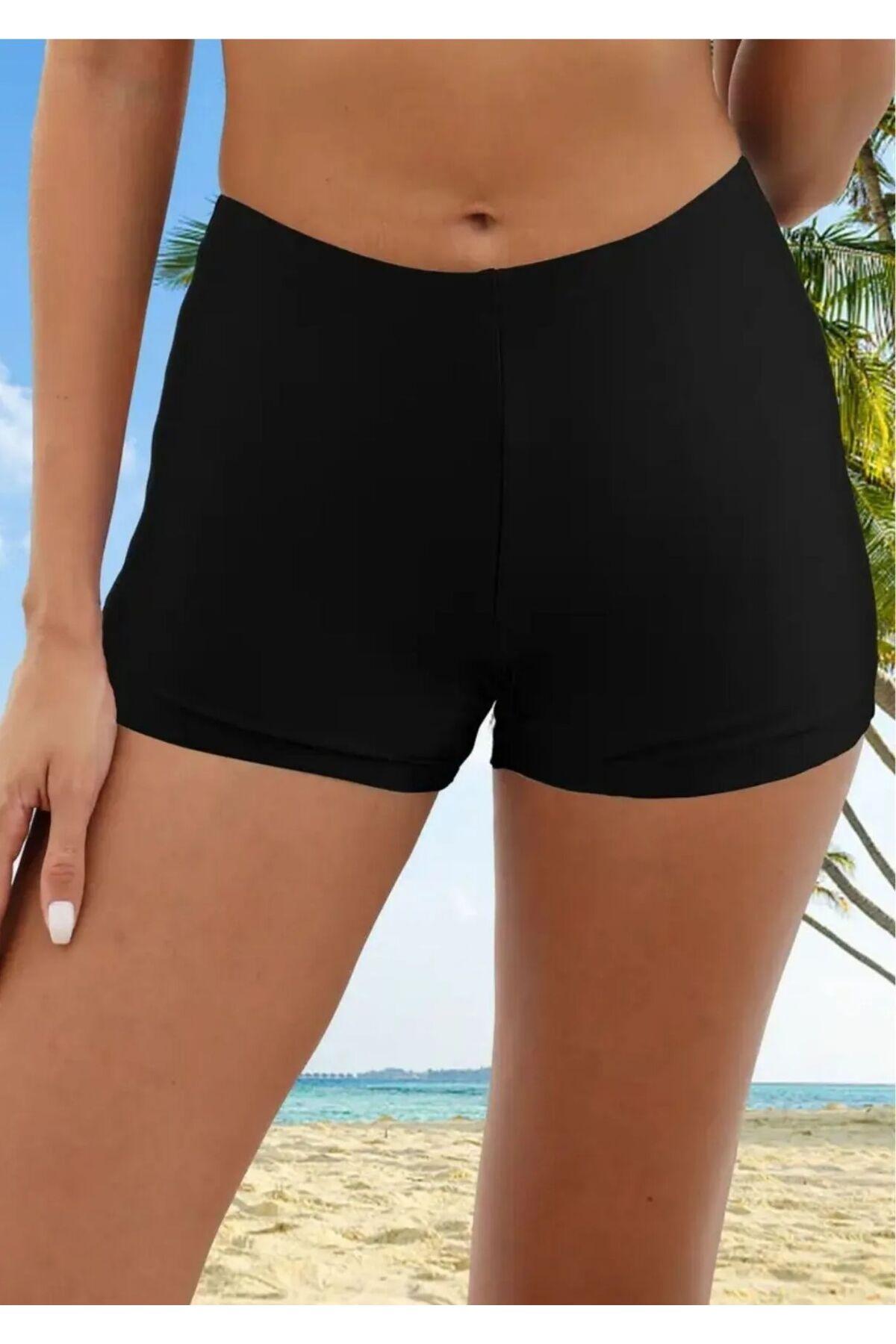 Black High-Waist Swim Shorts Women Beachwear
