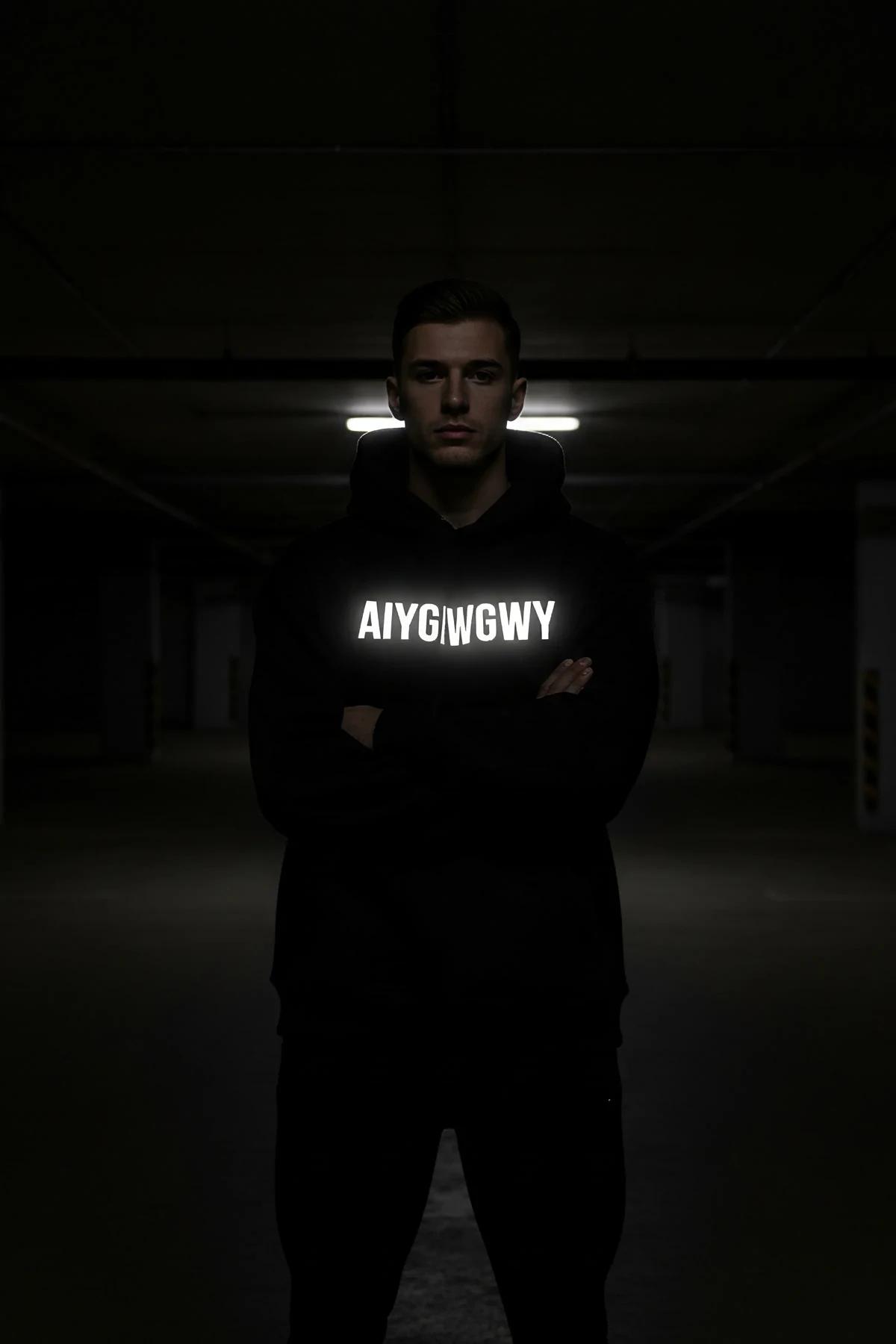 AIYGIWGWY reflektörlü ön baskılı siyah kapüşonlu sweatshirt karanlık ortamda parlayan baskı