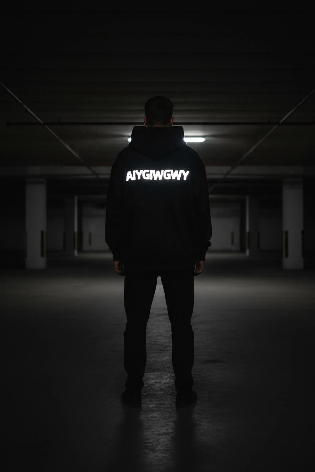 AIYGIWGWY reflektörlü ön baskılı siyah kapüşonlu sweatshirt karanlık ortamda parlayan baskı