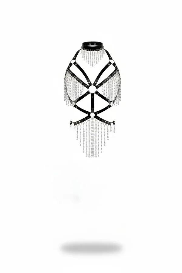 Siyah Zincirli Body Harness Choker Yaka