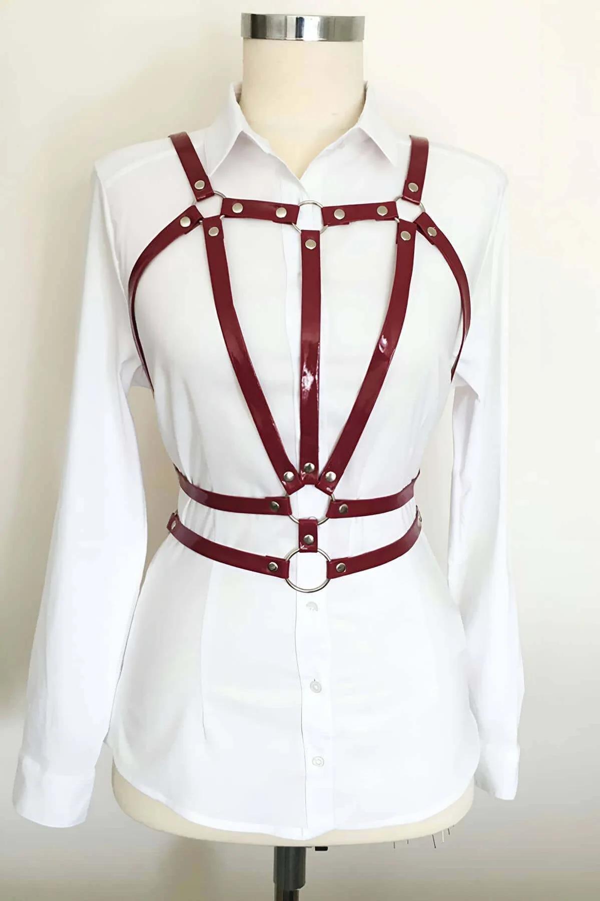 Parlak Bordo Suni Deri Göğüs ve Bel Harness Ayarlanabilir