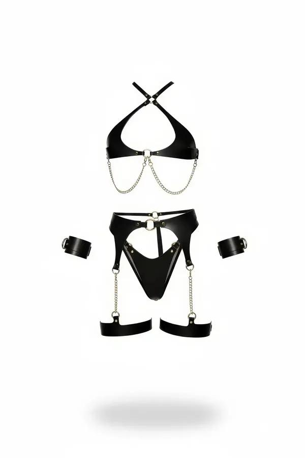 Siyah Harness Takım Zincir Detaylı Suni Deri Kelepçeli Set - APFT1219