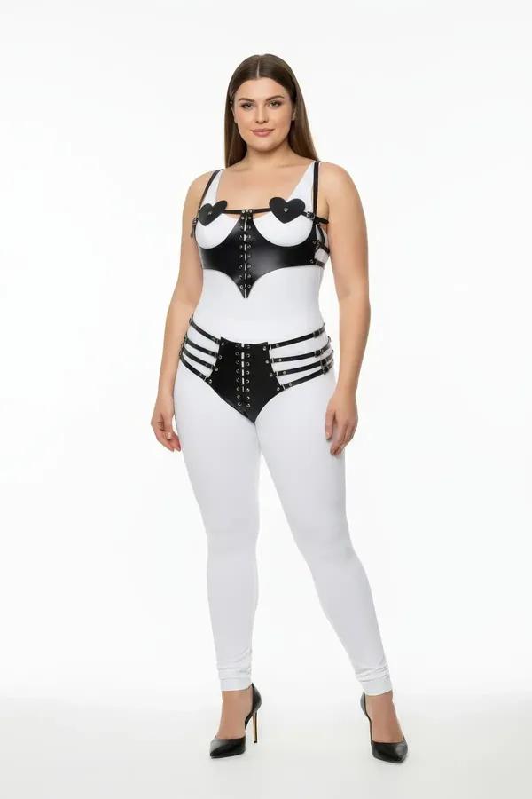 Büyük Beden Siyah Kadın Harness Takım Kalp Detaylı Bağcıklı Fantazi Deri Set - APFT1256
