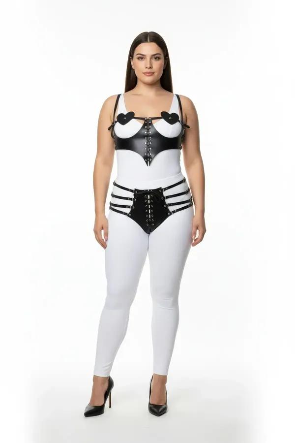 Büyük Beden Siyah Kadın Harness Takım Kalp Detaylı Bağcıklı Fantazi Deri Set - APFT1256