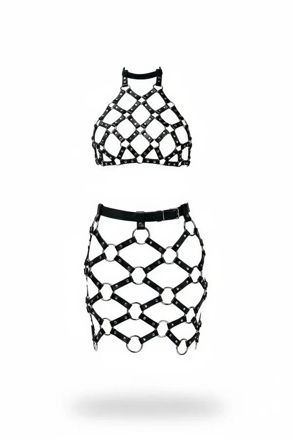 caged body harness black faux leather crop top and skirt set with silver O-rings and halter collar