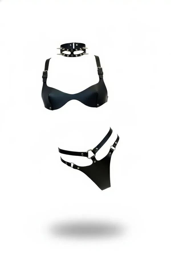 Body harness for women black faux leather harness set with spiked choker collar, buckled bralette, and strappy O-ring thong