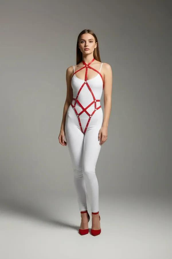 Kırmızı Body Harness Parlak Deri Çapraz Bağlamalı Vücut Aksesuarı - APFT295