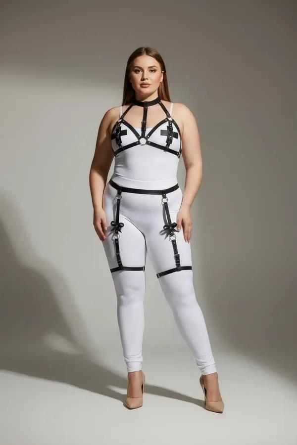 Büyük Beden Siyah Kadın Deri Jartiyer Harness Büstiyer Detaylı Fantazi Takım - APFT310