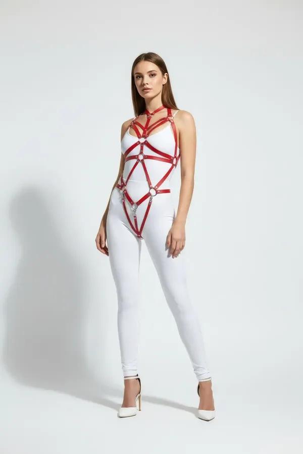 Kırmızı Body Harness Deri Metal Halka Detaylı - APFT316
