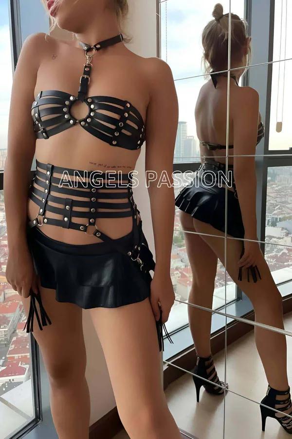 Siyah Suni Deri Zımbalı Püsküllü Bralet ve Vücut Harness Takımı