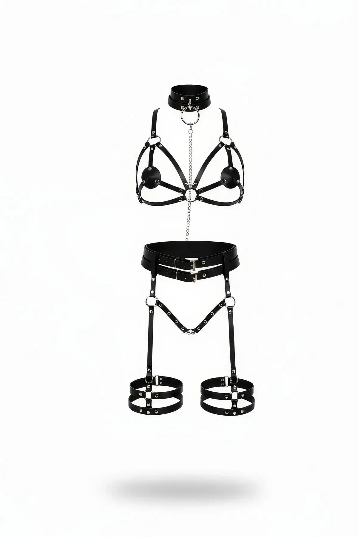 black faux leather full body harness set with silver chain collar chest straps and thigh garter cuffs