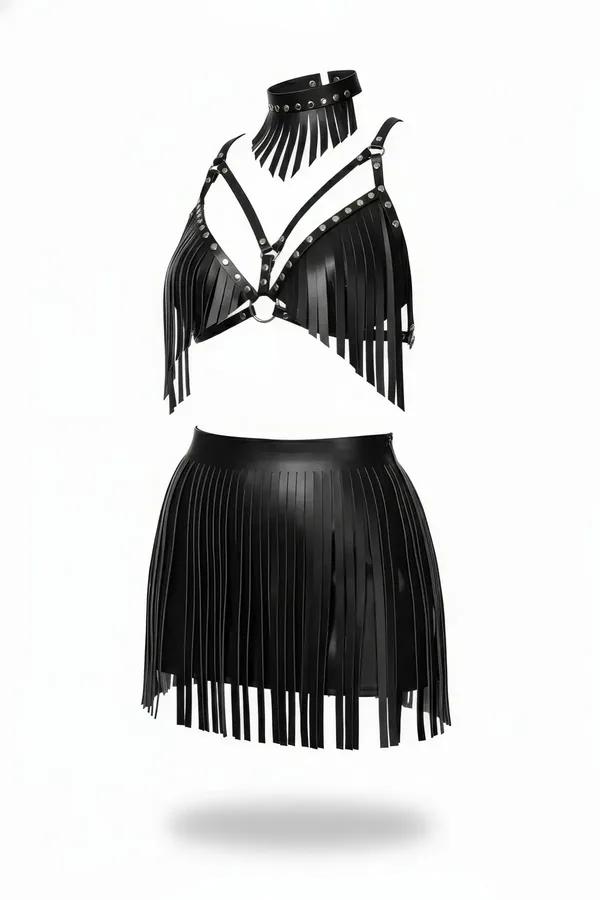 black faux leather fringe bralette mini skirt and studded choker three-piece set with silver O-ring hardware