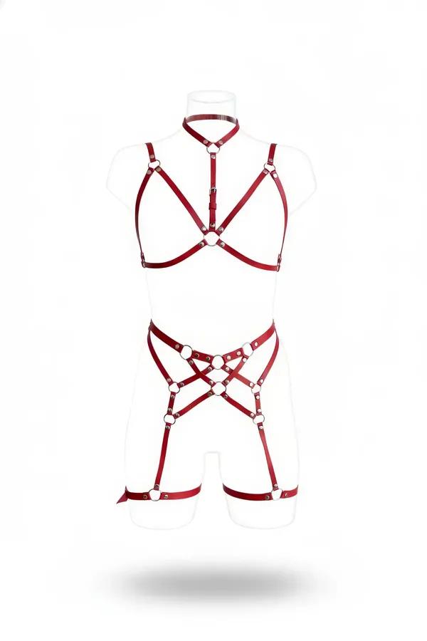 Bordo Jartiyer Harness Suni Deri O-Halka Detaylı Vücut Takımı - APFT507