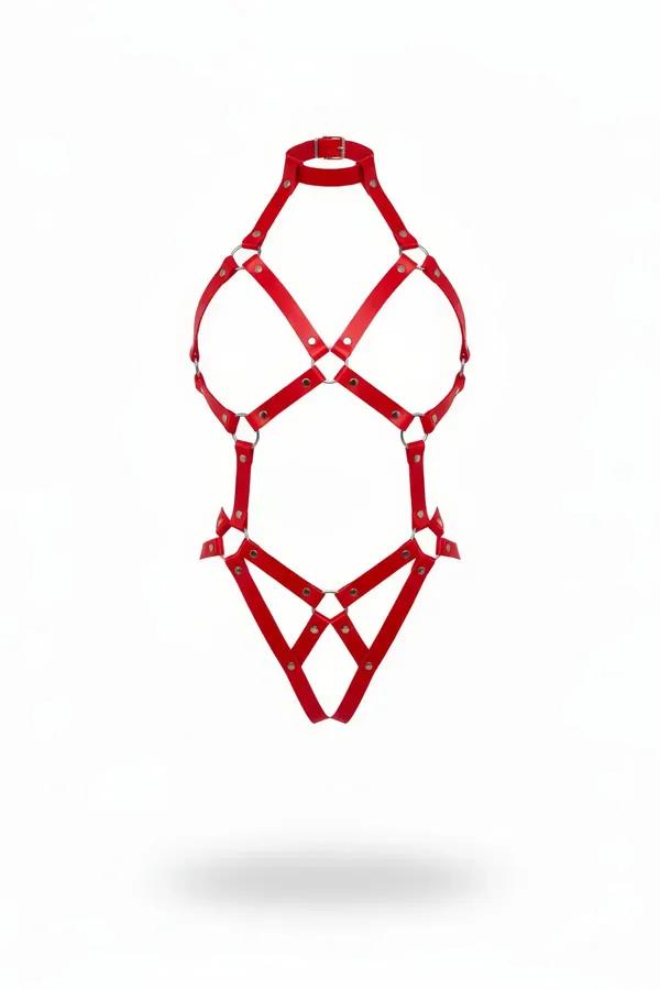 Kırmızı Çapraz Şeritli Body Harness Metal Halka Detaylı