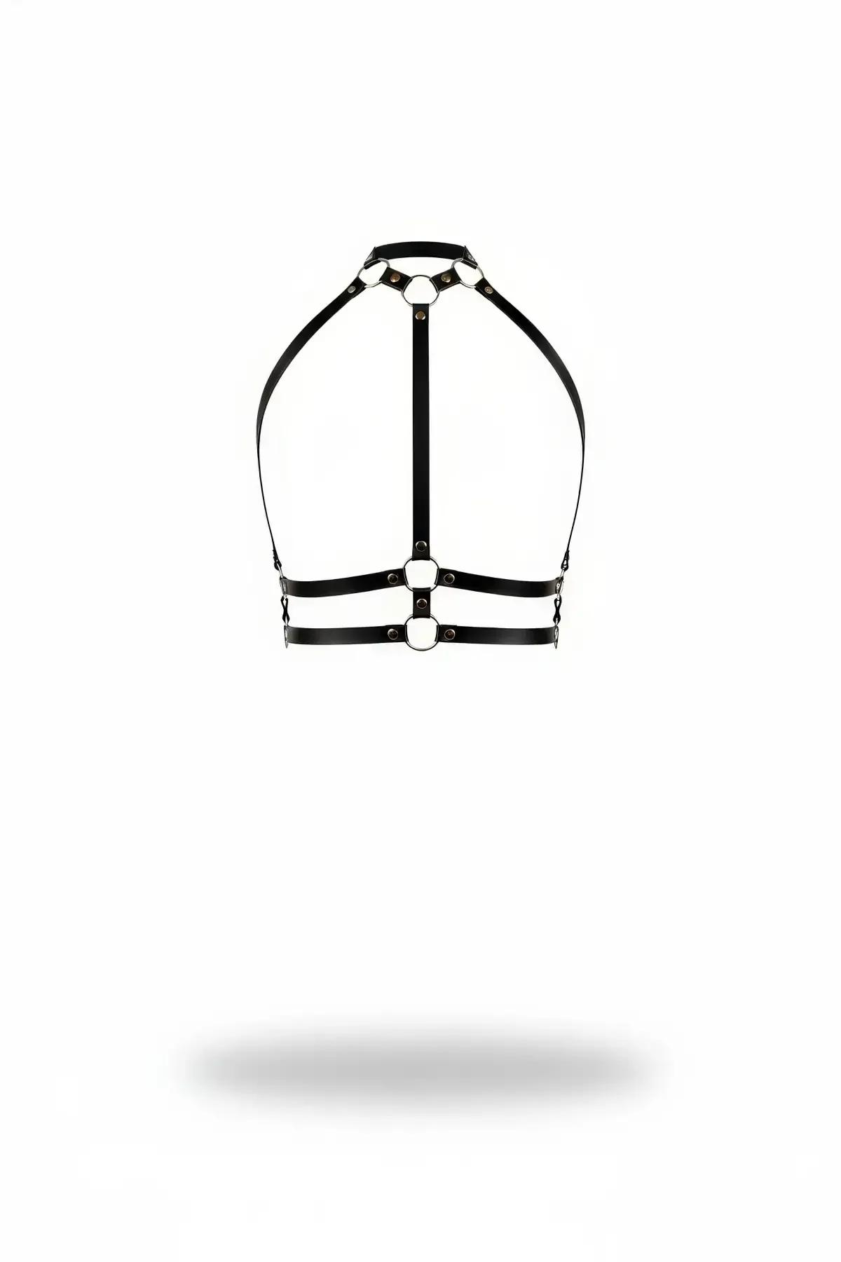 black faux leather halter neck o-ring chest harness with dual underbust straps and silver-tone hardware