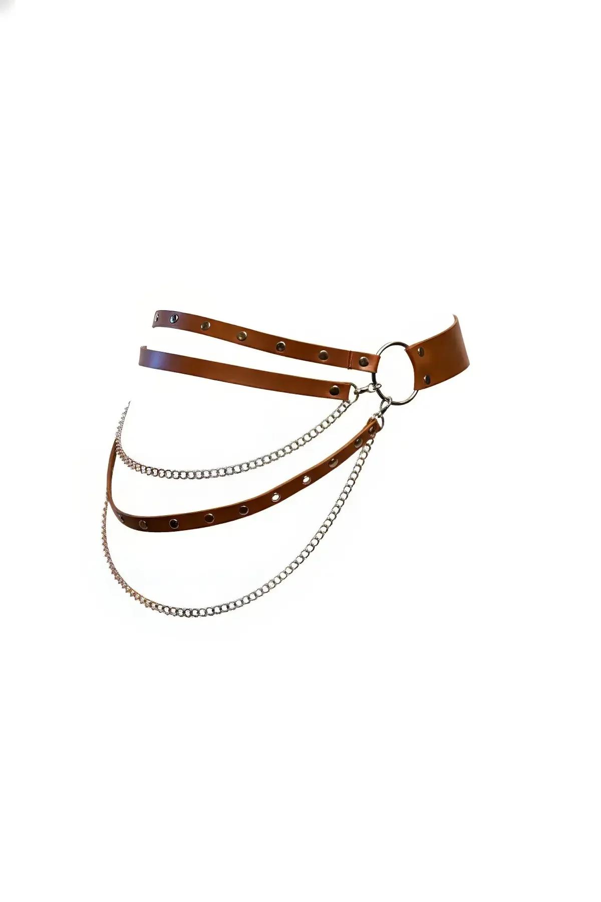 cognac faux leather waist harness with three draped silver link chains and central O-ring, wide belt panel view