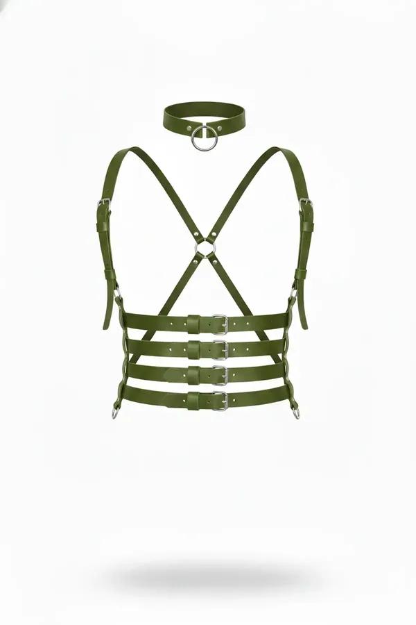 Haki Kadın Kemer Çoklu Tokalı Çapraz Vücut Harness - APFT609