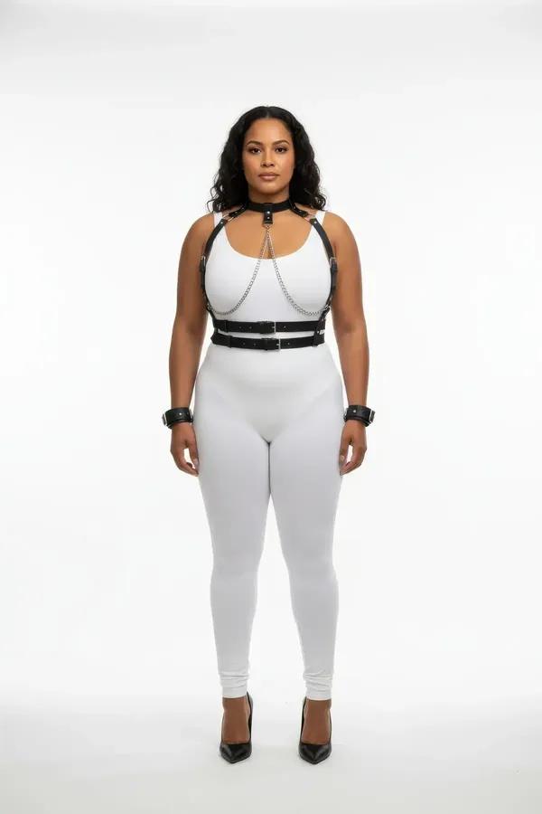 Büyük Beden Siyah Kadın Deri Harness Takım Zincir Detaylı Fantazi Full Set - APFT720