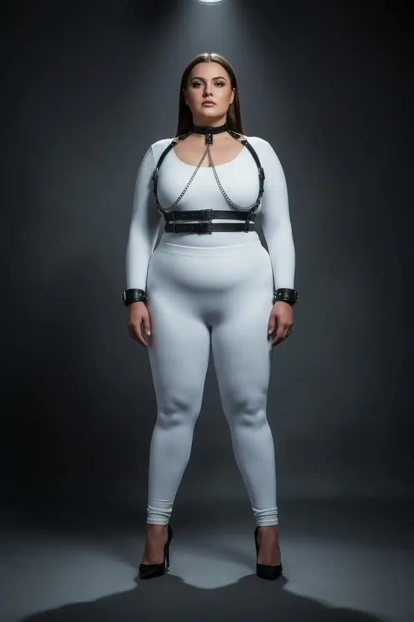 Büyük Beden Siyah Kadın Deri Harness Takım Zincir Detaylı Fantazi Full Set - APFT720