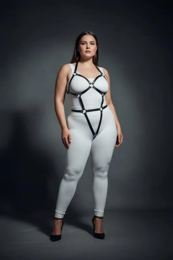 Büyük Beden Siyah Kadın Full Body Deri Harness Takım Halka Detaylı Fantazi Aksesuar - APFT759