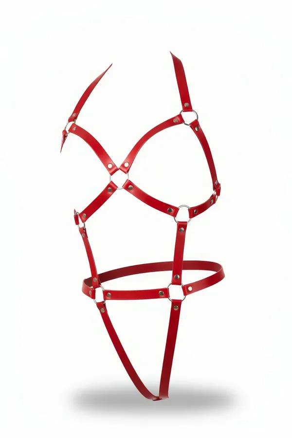 Kırmızı Faux Leather Body Harness Metal Halka Detaylı