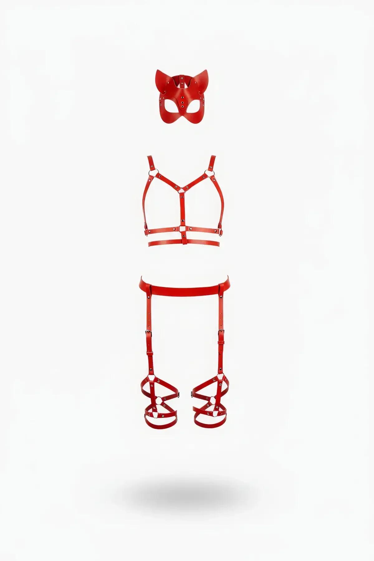 red faux leather body harness set with chest bra harness, thigh garter straps, and cat-ear eye mask, silver hardware
