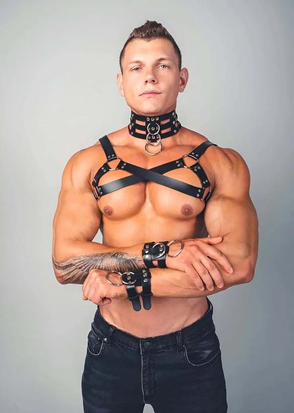 Erkek Fantazi Giyim Harness Tasma ve Bileklik Takım - APFTM55
