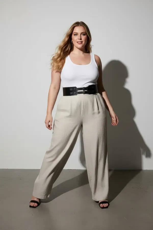 black faux leather waspie waist belt with double silver buckles and stud details worn over white tank top