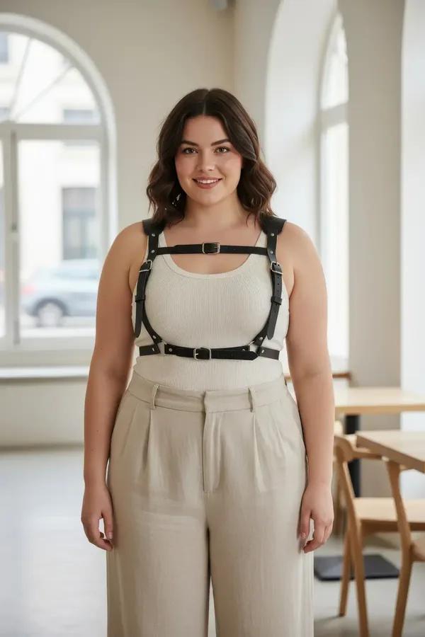 black faux leather caged chest harness with four silver-tone buckles worn over cream ribbed tank top plus-size model