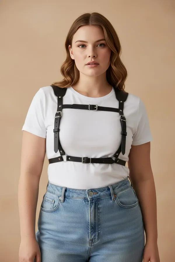 black faux leather caged chest harness with four silver-tone buckles worn over cream ribbed tank top plus-size model