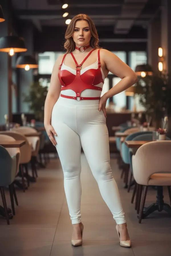 red faux leather chest harness with molded cups and integrated silver O-ring choker worn by plus-size model