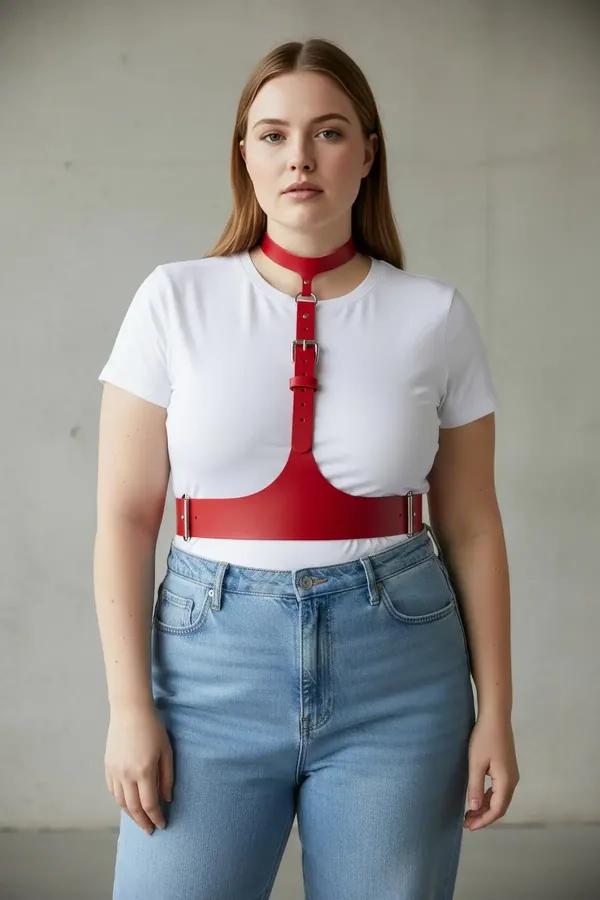 Red faux leather underbust harness and choker set with silver buckle hardware worn over white top