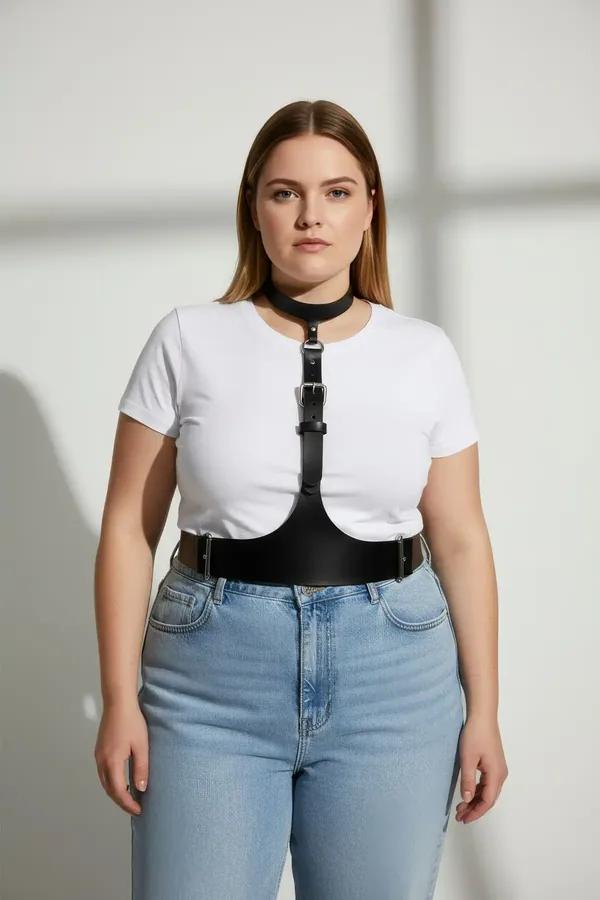 black faux leather choker underbust harness with silver buckles worn over white top