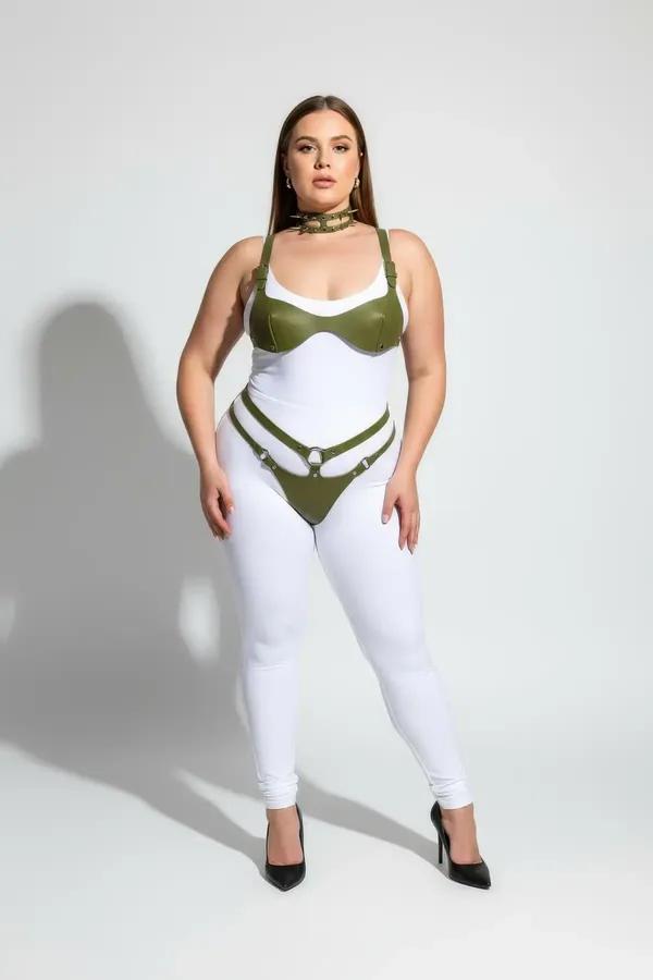 Olive vegan leather bra harness and garter belt set with gold O-ring hardware worn over white bodysuit
