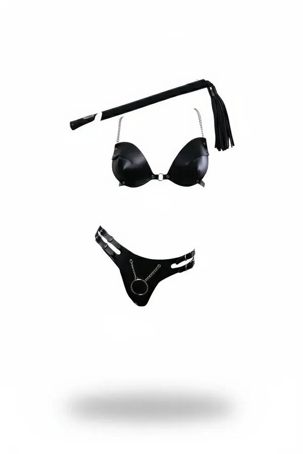 siyah vegan deri zincirli harness sütyen ve harness külot seti gümüş O-halka detaylı