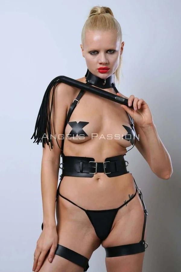 siyah vegan deri slave harness takım boyunluk geniş bel kemeri uyluk bantları ve kırbaç dahil gümüş metal donanım