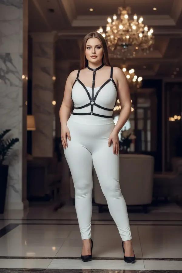 black faux leather strappy chest harness with collar neck strap and central silver O-ring worn over white bodysuit