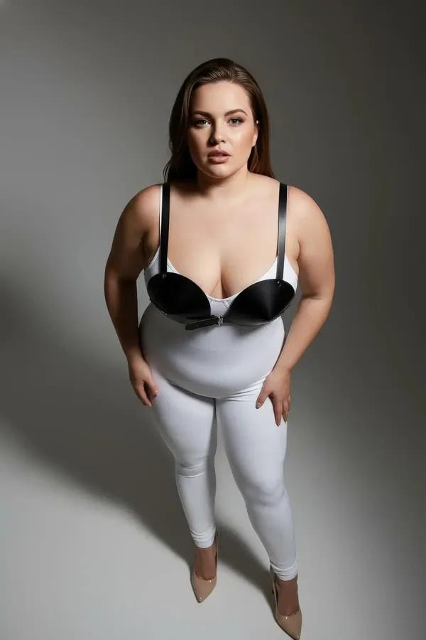 black faux leather chest harness bra with molded cups and front hook closure on plus-size model over white bodysuit