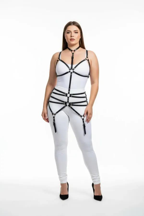 black faux leather full body harness with choker collar, O-ring chest cage, three waist bands, and dangling garter straps on