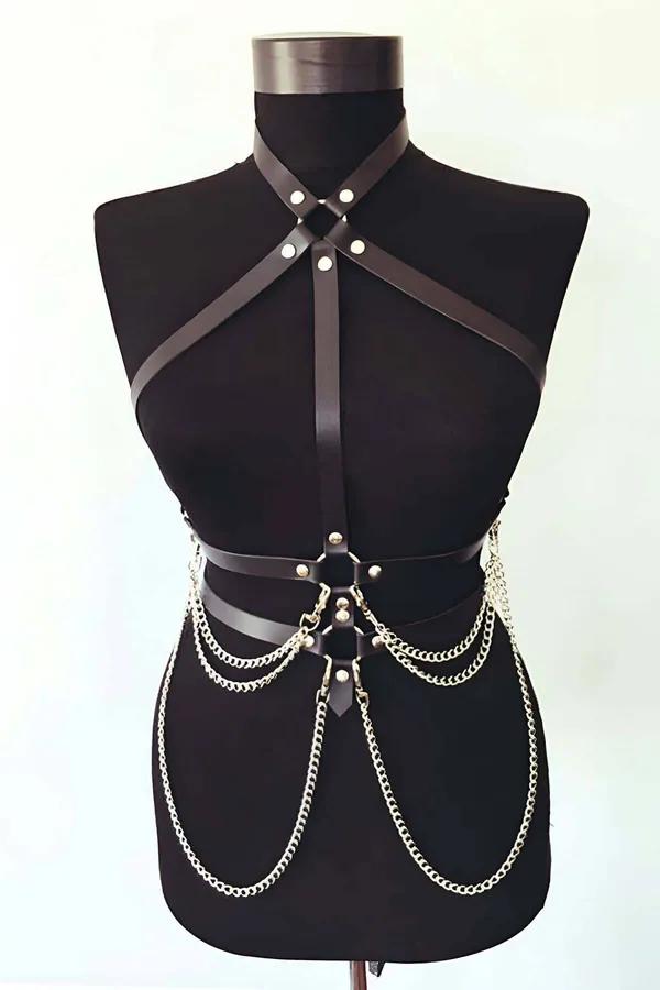 Siyah suni deri göğüs harness altın zincir sarkık detay gümüş perçin S/M-4XL/5XL