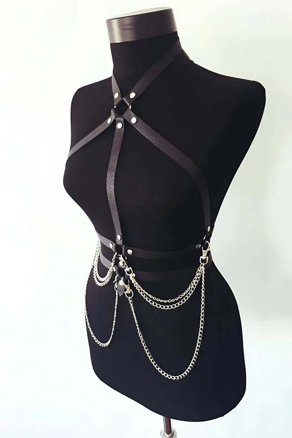 Siyah suni deri göğüs harness altın zincir sarkık detay gümüş perçin S/M-4XL/5XL