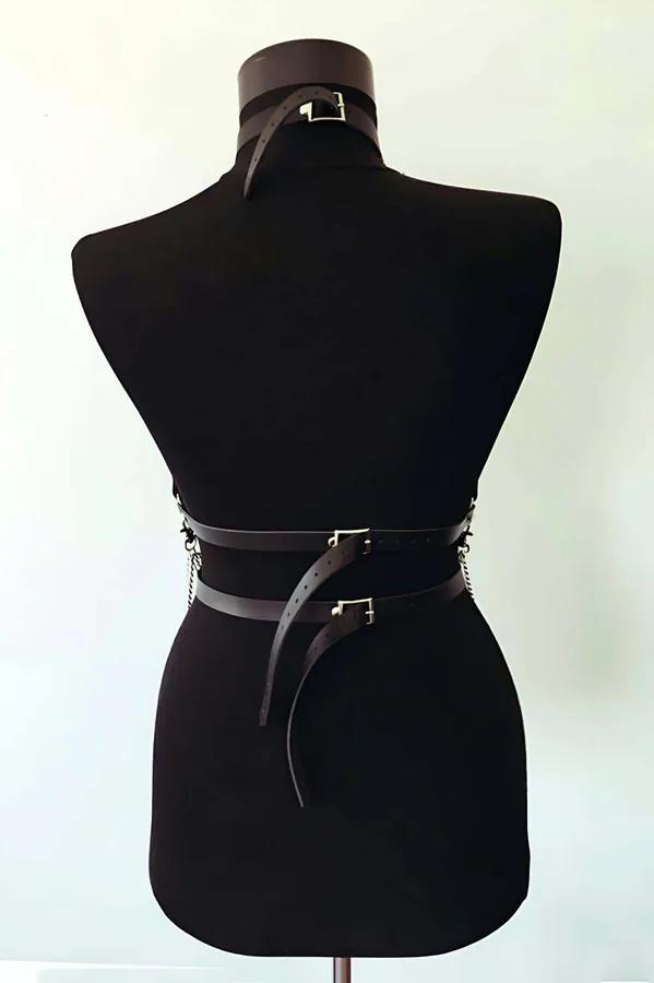 Siyah suni deri göğüs harness altın zincir sarkık detay gümüş perçin S/M-4XL/5XL