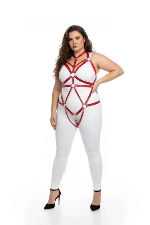 red faux leather strappy body harness with five silver O-ring accents geometric strap pattern chest to thigh plus size