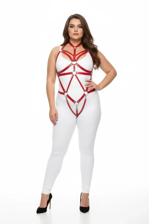red faux leather strappy body harness with five silver O-ring accents geometric strap pattern chest to thigh plus size