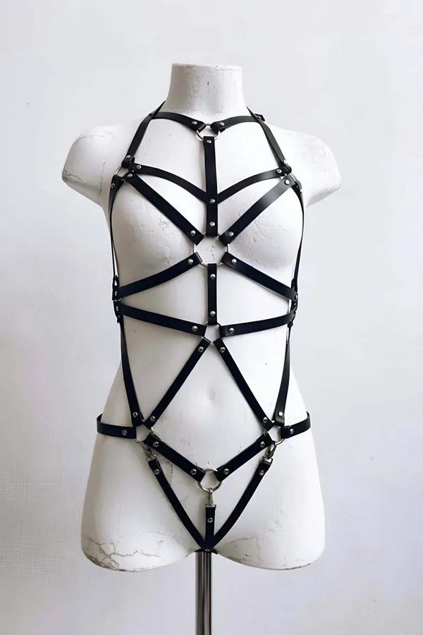 Siyah suni deri full body harness gümüş O-halka ve zincir detaylı geometrik bant tasarımı
