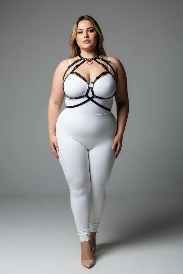 black faux leather strappy o-ring chest harness with gold buckles worn over white bodysuit plus size model