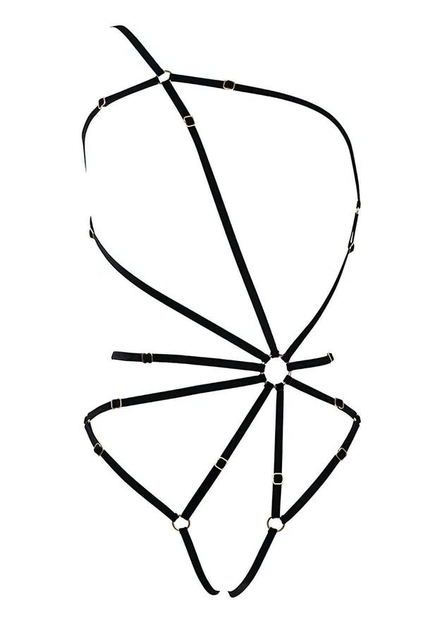 siyah lastik body harness altın O-halka geometrik çok bantlı yıldız deseni