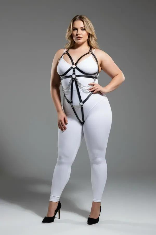 black faux leather strappy underbust harness with silver draped chains and O-ring closure worn over white bodysuit